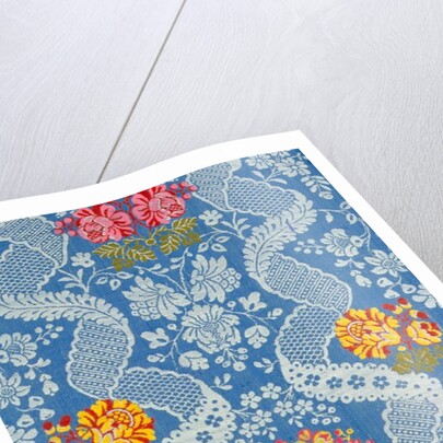 Dress fabric with a design of flowers and lace like vines by Unknown