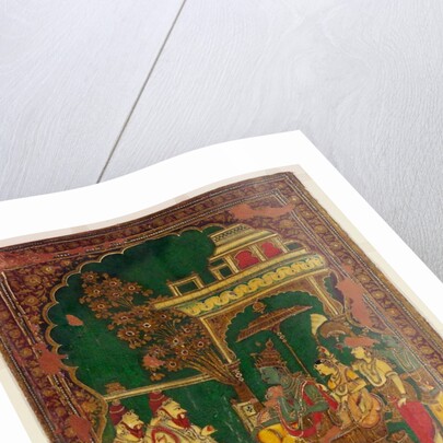Book cover depicting a ruler on his throne. Madras, India, early 19th century by Unknown
