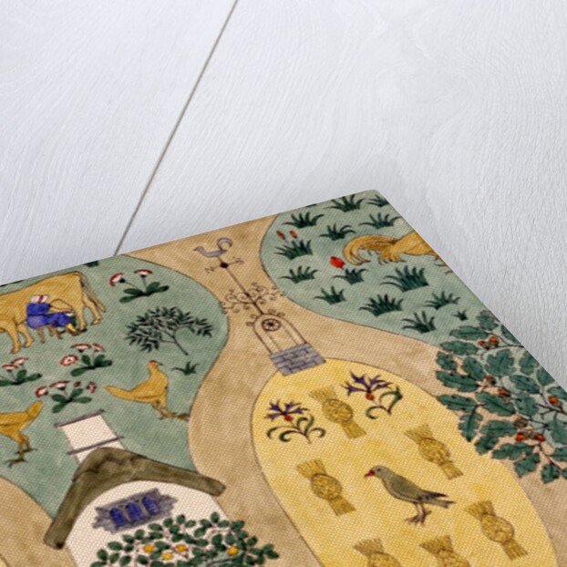 Textile design depicting a farm by Charles Francis Annesley Voysey