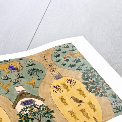 Textile design depicting a farm by Charles Francis Annesley Voysey