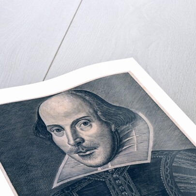 Frontispiece showing William Shakespeare on his book Comedies, Histories and Tragedies. England, 1623 by Anonymous