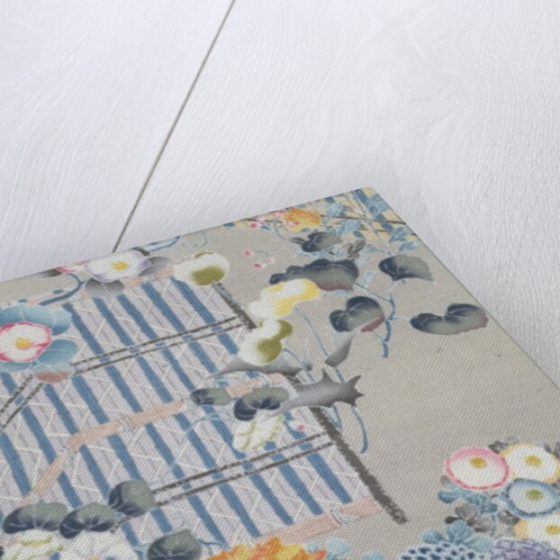 Detail from a kimono depicting flowers and bamboo fences by Anonymous