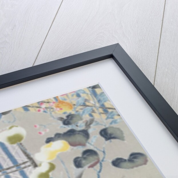 Detail from a kimono depicting flowers and bamboo fences by Anonymous