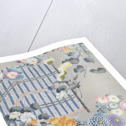 Detail from a kimono depicting flowers and bamboo fences by Anonymous