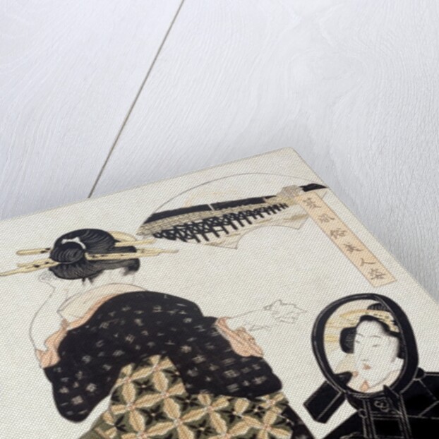 A geisha standing in front of dressing mirror. Yeizan, Japan, 1815 by Eisan