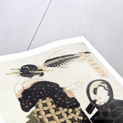 A geisha standing in front of dressing mirror. Yeizan, Japan, 1815 by Eisan