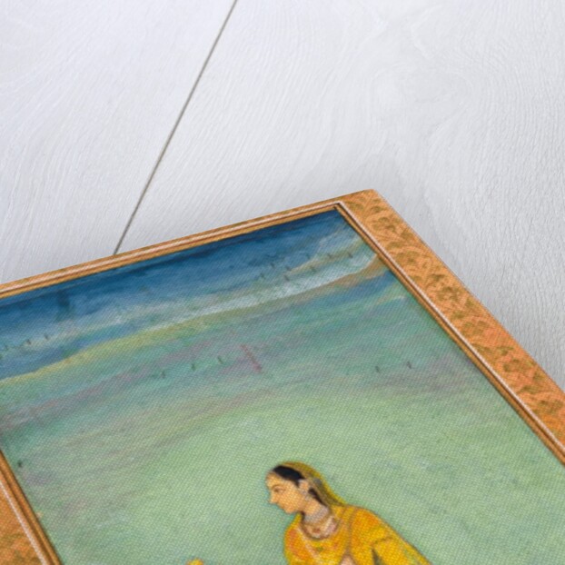 A lady holding a fruit standing by a lily pond by Unknown