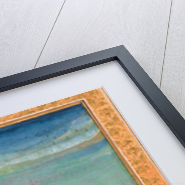 A lady holding a fruit standing by a lily pond by Unknown