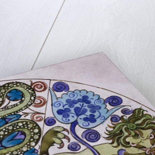 Dish design with Persian foliage, snake and lion by William De Morgan