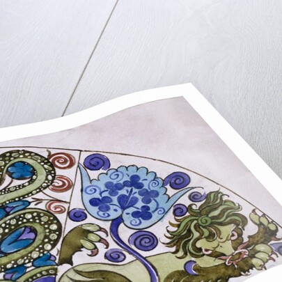 Dish design with Persian foliage, snake and lion by William De Morgan