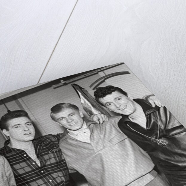 Eddie Cochran (2nd left) with John Barry, Adam Faith and Gene Vincent by Harry Hammond
