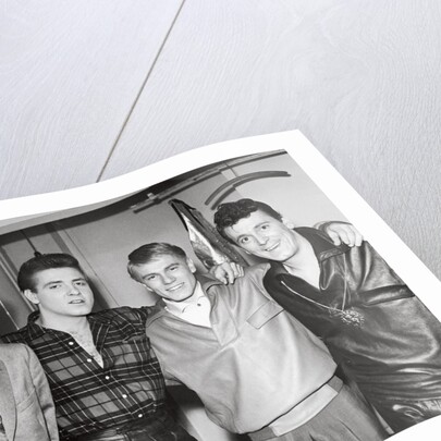 Eddie Cochran (2nd left) with John Barry, Adam Faith and Gene Vincent by Harry Hammond