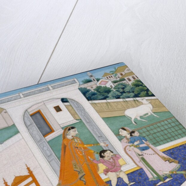 Krishna peering over a wall at Radha and children by Unknown