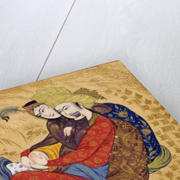 Lovers embracing and drinking wine by Afzal al-husaini