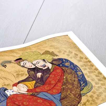 Lovers embracing and drinking wine by Afzal al-husaini