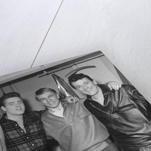 Eddie Cochran (2nd left) with John Barry, Adam Faith and Gene Vincent by Harry Hammond
