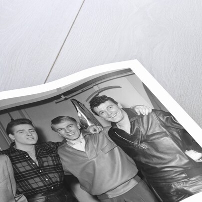 Eddie Cochran (2nd left) with John Barry, Adam Faith and Gene Vincent by Harry Hammond