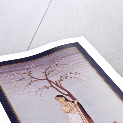 A lady standing beneath a tree braiding or drying her hair by Unknown