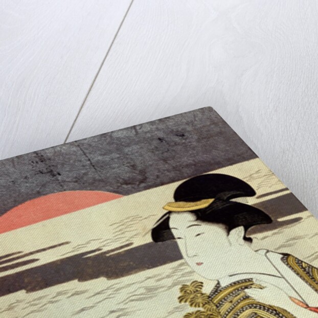 A girl and the sunrise over the sea at New Year by Eishosai Choki