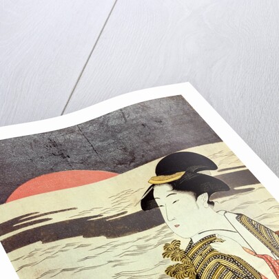 A girl and the sunrise over the sea at New Year by Eishosai Choki