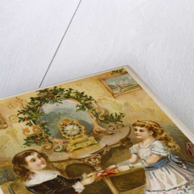 Card showing a boy and a girl pulling Christmas crackers. England, 19th-20th century by Unknown