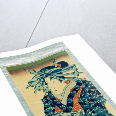 Oiran parading wearing a blue dress by Keisai Eisen