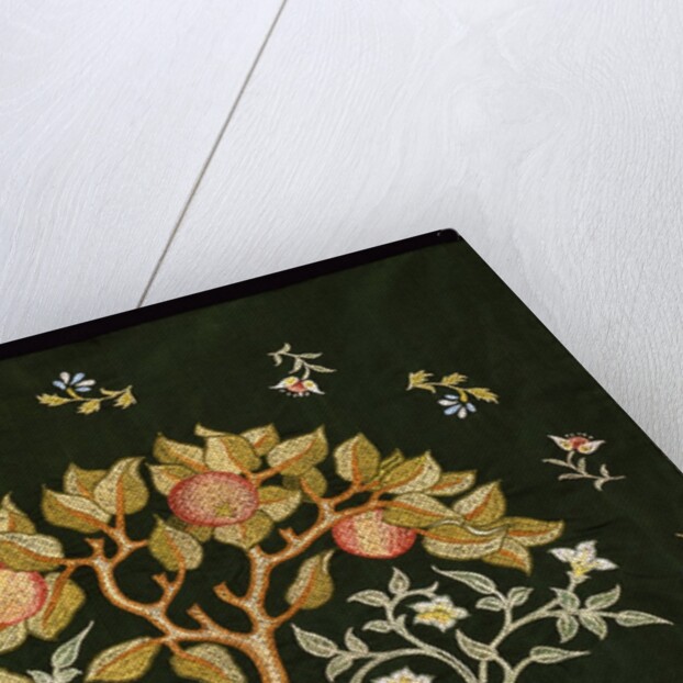 Sachet embroidered with fruits on a dark background by May Morris