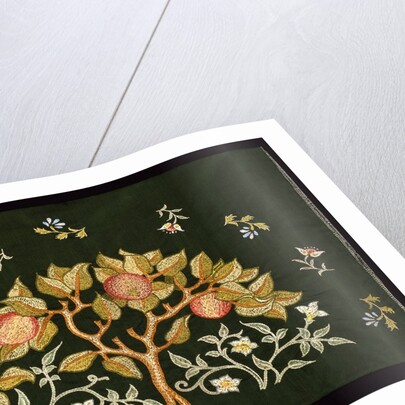 Sachet embroidered with fruits on a dark background by May Morris