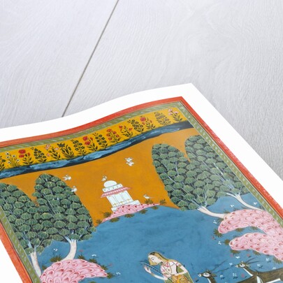 Lady by a stream playing the Vina to four deer. Rajasthan, India, 1680 by Unknown