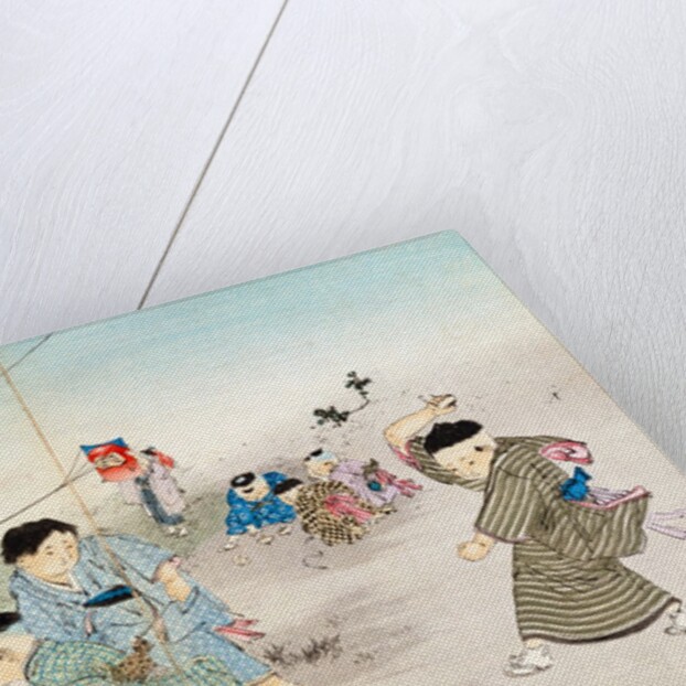 Boys playing with spinning tops & flying kites. Tokyo, Japan, 20th century by Anonymous