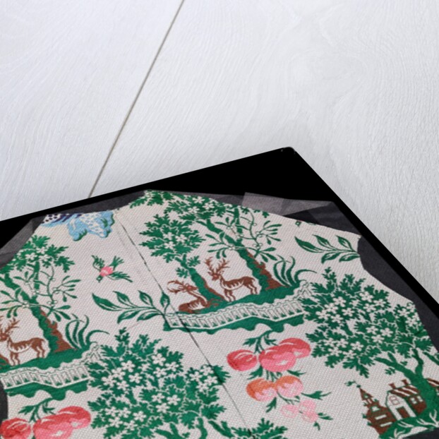 Dress fabric with deer, trees, house and grapes motifs by Unknown