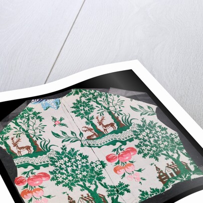 Dress fabric with deer, trees, house and grapes motifs by Unknown