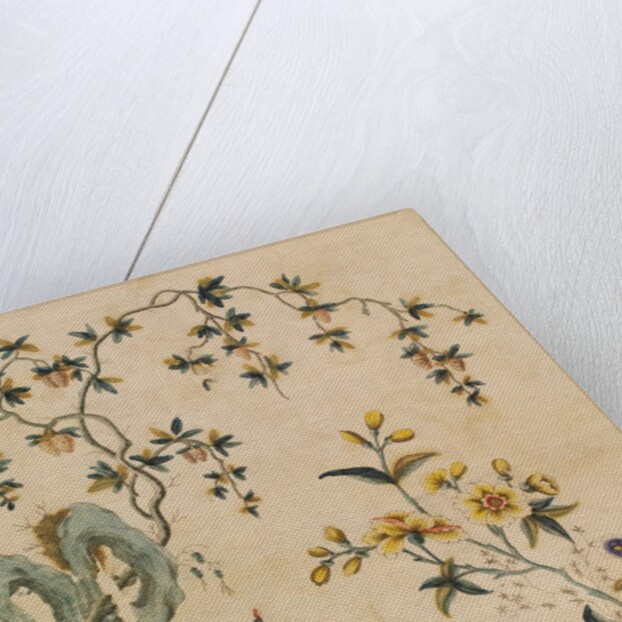 Portion of wallpaper depicting a man on a camel and a boy with a greyhound by Unknown