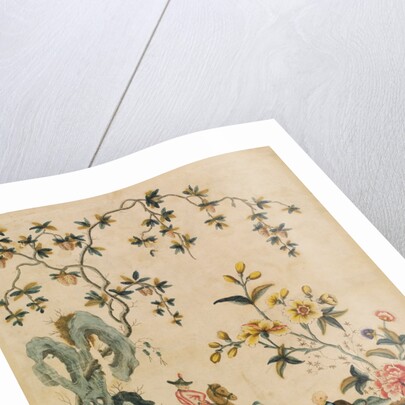 Portion of wallpaper depicting a man on a camel and a boy with a greyhound by Unknown