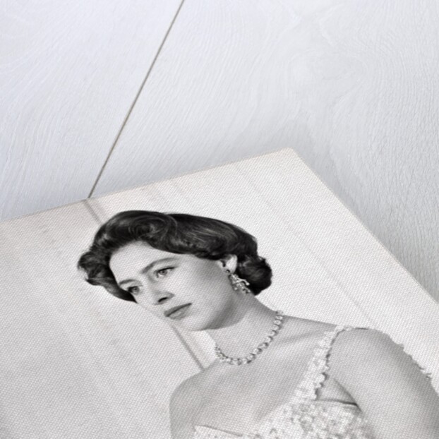Princess Margaret in a formal one-shouldered evening dress by Cecil Beaton