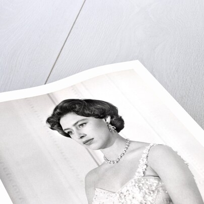 Princess Margaret in a formal one-shouldered evening dress by Cecil Beaton