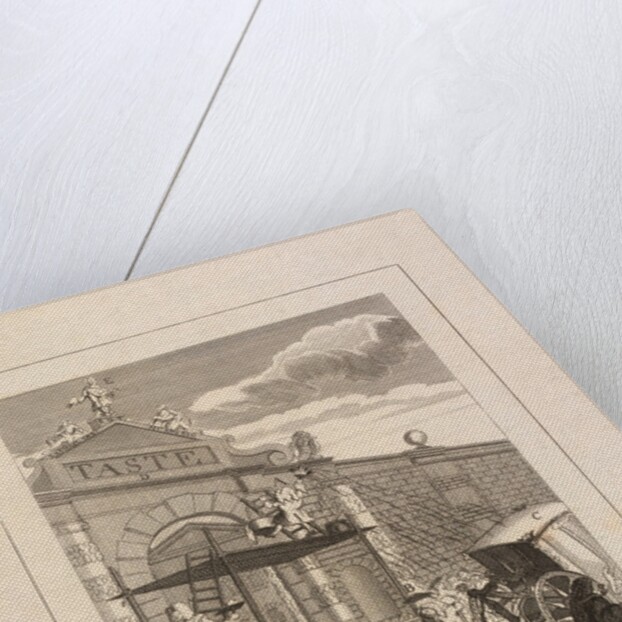 Etching depicting William Kent on top of the gate flanked by Raphael and Michelangelo by William Hogarth