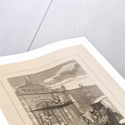 Etching depicting William Kent on top of the gate flanked by Raphael and Michelangelo by William Hogarth