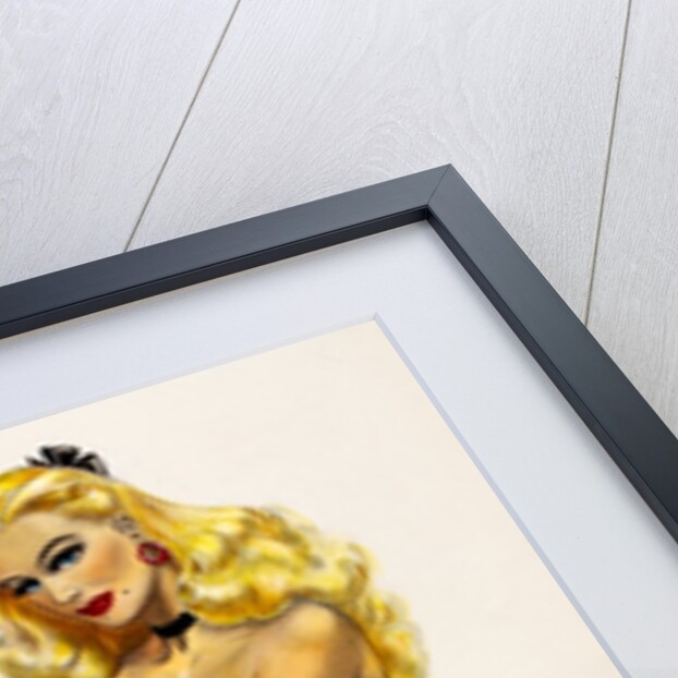 Pin-up girl seated on a bed in stockings and slip by Wilfrid R. Addey