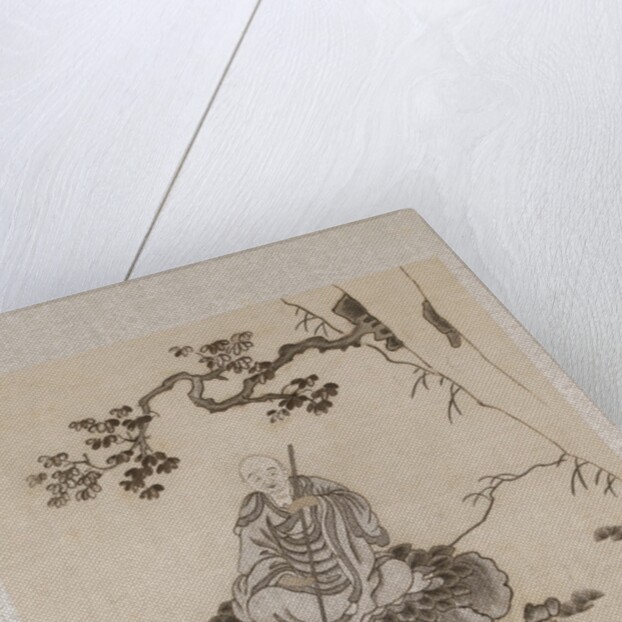Lohan seated on a rock with a monkey running in front of him by Unknown