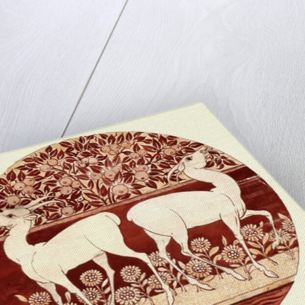 Circular dish design showing two deer, a fruit tree, a fish, and flowers by William Frend De Morgan