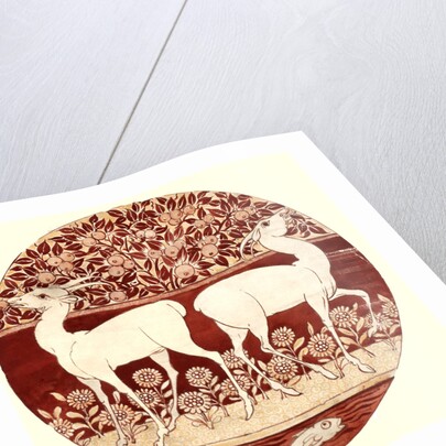 Circular dish design showing two deer, a fruit tree, a fish, and flowers by William Frend De Morgan
