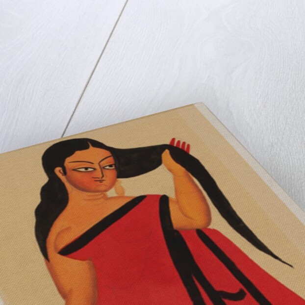 Courtesan in sari holding her long dark hair by Kali Charan Ghosh
