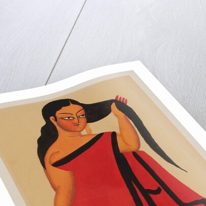 Courtesan in sari holding her long dark hair by Kali Charan Ghosh