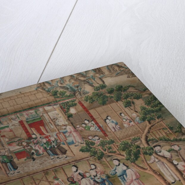 Panel of Chinese wallpaper depicting a theatrical performance by unknown