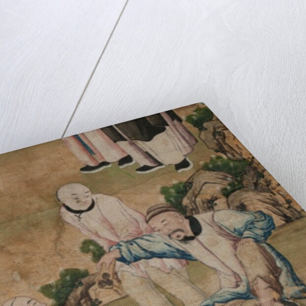 Panel of Chinese wallpaper depicting a theatrical performance, detail by unknown