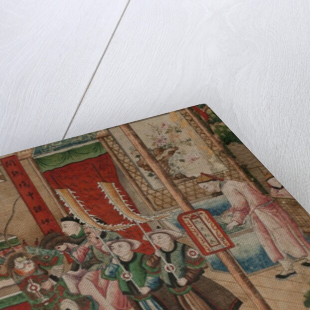 Panel of Chinese wallpaper depicting a theatrical performance, detail by unknown