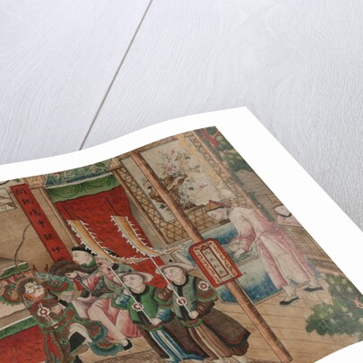 Panel of Chinese wallpaper depicting a theatrical performance, detail by unknown