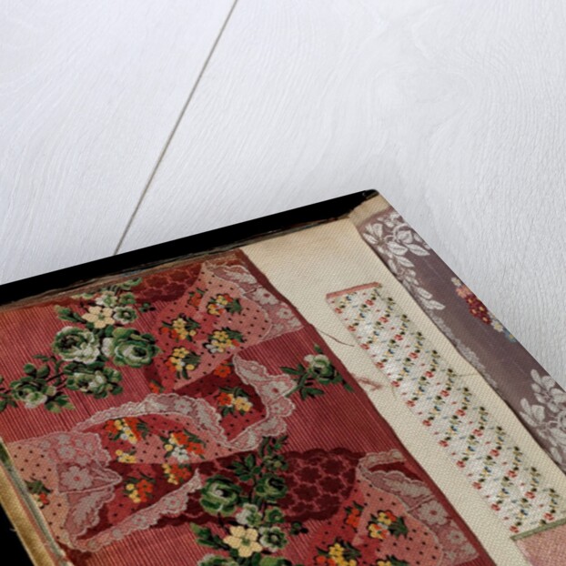 Sample of dress silk with scrolling flowers around lace handkerchiefs by Unknown