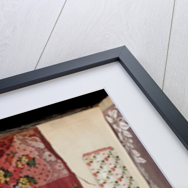 Sample of dress silk with scrolling flowers around lace handkerchiefs by Unknown